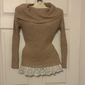 Almost Famous Tan Cowl Neck Sweater with Lace Hem